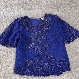 VINTAGE 80s Blue Sequin Beads‎ Glam Holiday Christmas Party Top Shoulder Pads